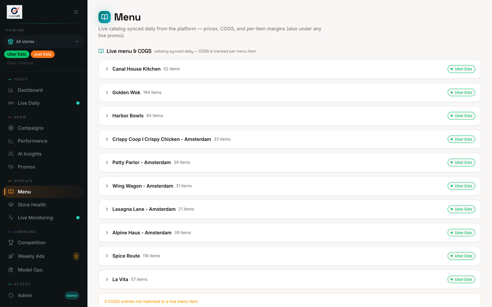 OrderLift menu screen showing live menu catalogs per store synced daily with item counts and COGS tracking